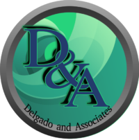 Logo of Delgado and Associates with elegant typography on a green circular background.